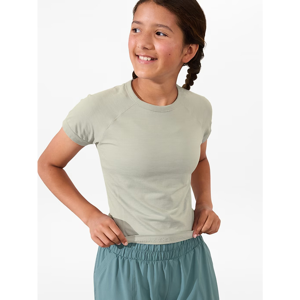 Athleta Girl Power Up Tee T-Shirt M 8-10 Gray Crew Neck Seamless Sweatshirt Logo